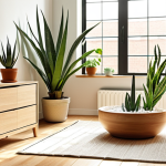 "A bright, airy living room with sunlight streaming through open windows, showcasing potted plants like aloe vera and snake plant. A HEPA filter air purifier is subtly placed in the corner. The style is clean and modern with natural wood furniture."