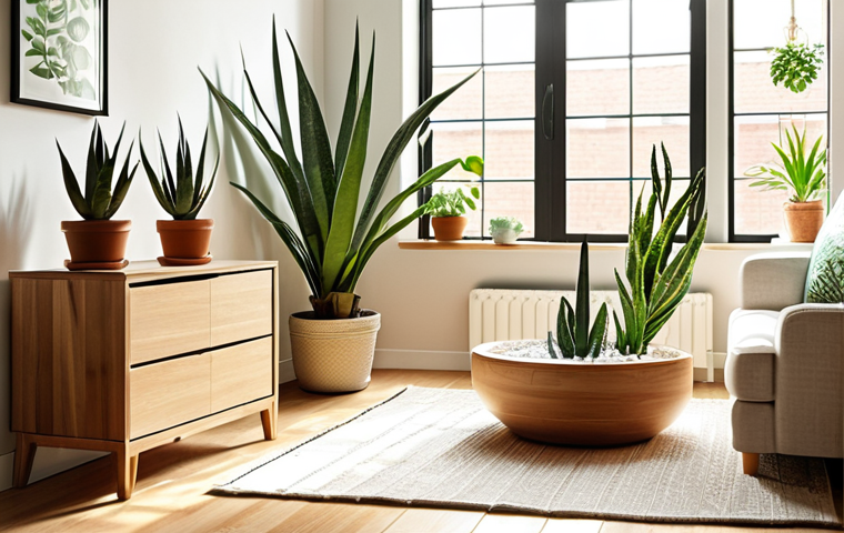 "A bright, airy living room with sunlight streaming through open windows, showcasing potted plants like aloe vera and snake plant. A HEPA filter air purifier is subtly placed in the corner. The style is clean and modern with natural wood furniture."